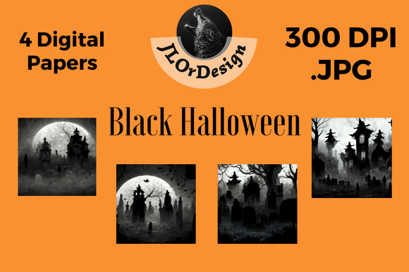 4 Black Halloween Digital Papers for Spooky Design Projects