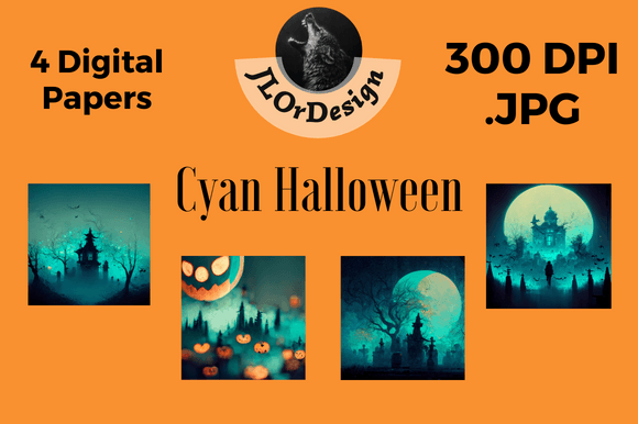 4 Cyan Halloween Digital Papers: Modern Spooky Design Assets