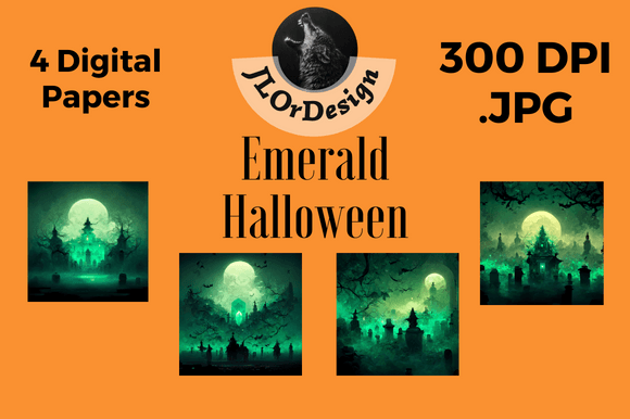 Elevate Your Projects with 4 Emerald Halloween Digital Papers