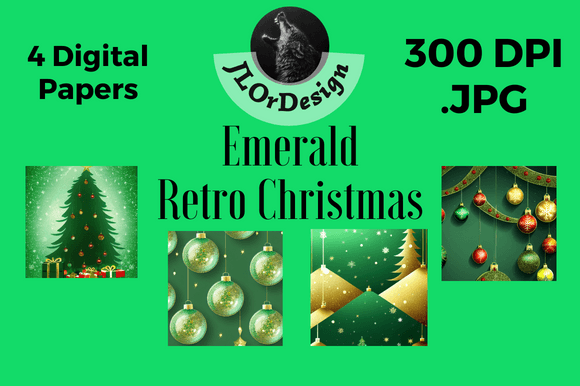 Emerald Retro Christmas Digital Papers for Designers